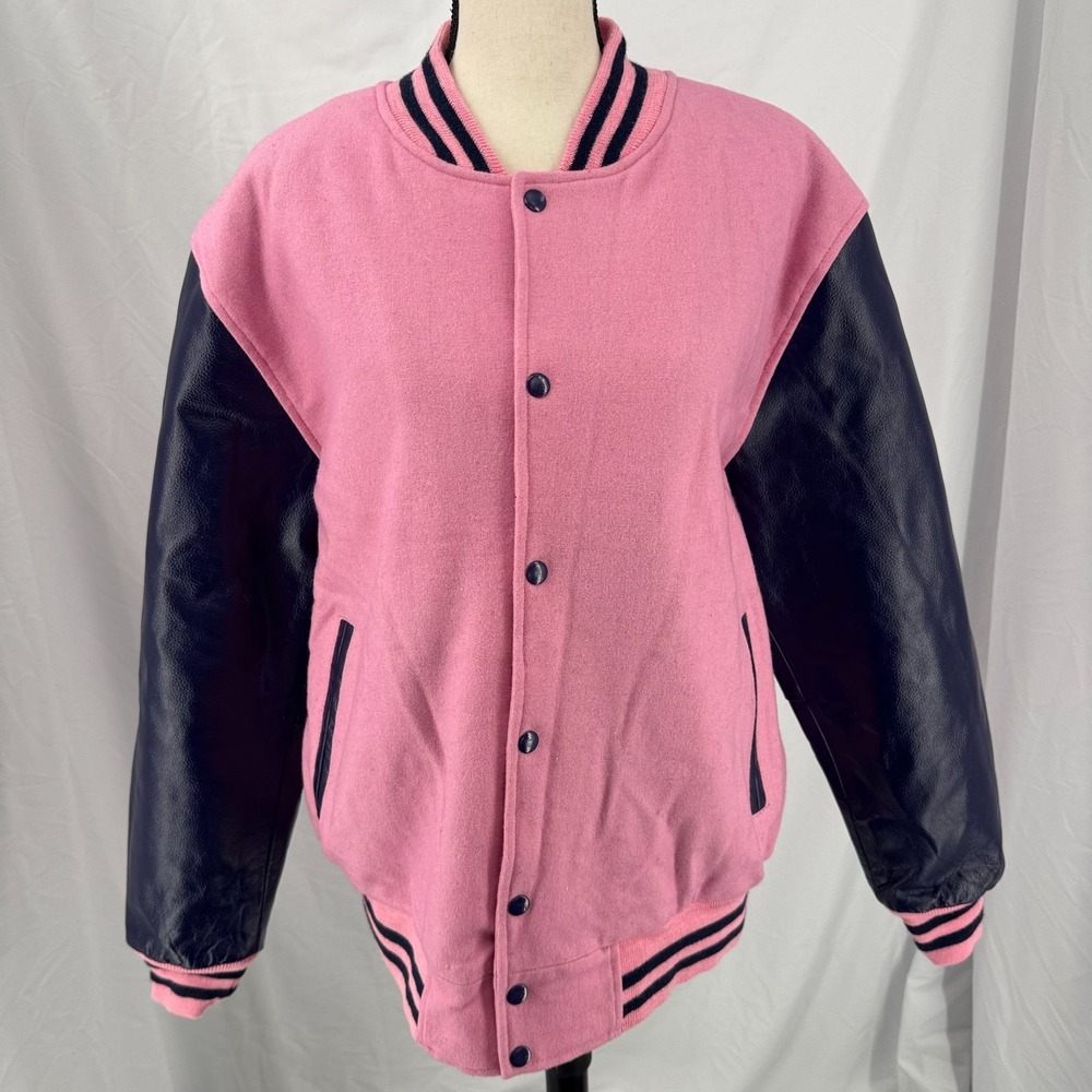 LIShow Varsity Letterman Jacket MENS Pink Purple Genuine Wool Leather SIZE L